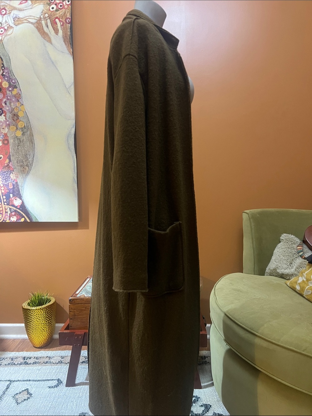 Pull&Bear Olive/Brownish Green Open-Front Long Trench Coat